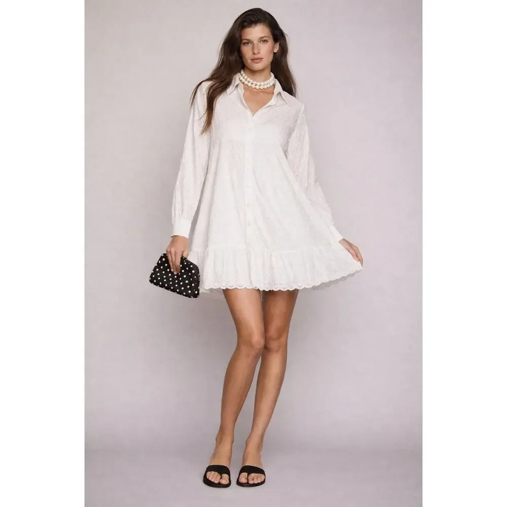 NWT River Island UK White Cotton Ruffle Eyelet Button-Up Mini Dress UK 14 US 10 - Picture 1 of 11